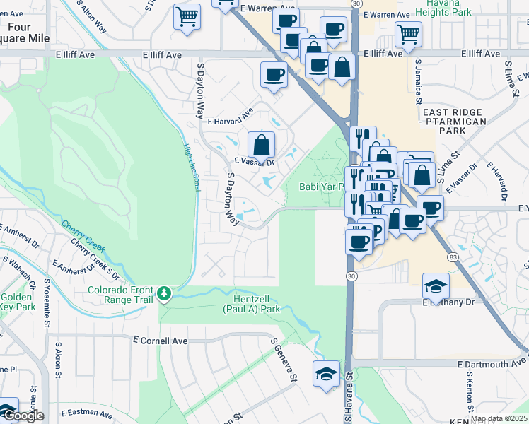 map of restaurants, bars, coffee shops, grocery stores, and more near 9999 East Yale Avenue in Denver