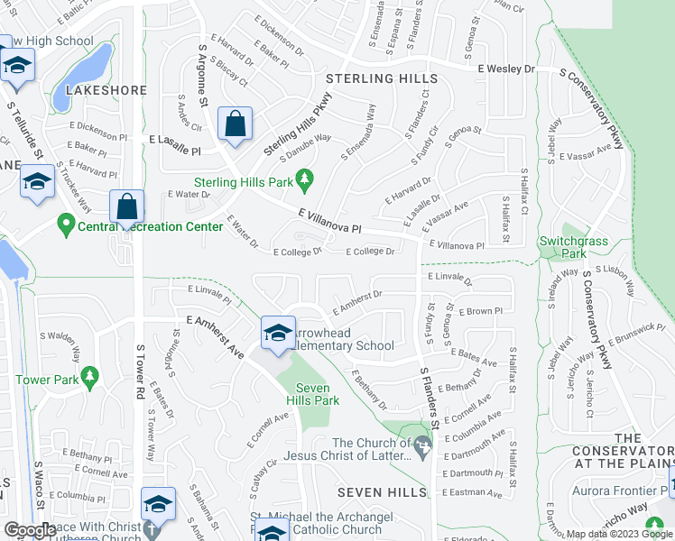 map of restaurants, bars, coffee shops, grocery stores, and more near 19305 East Linvale Place in Aurora