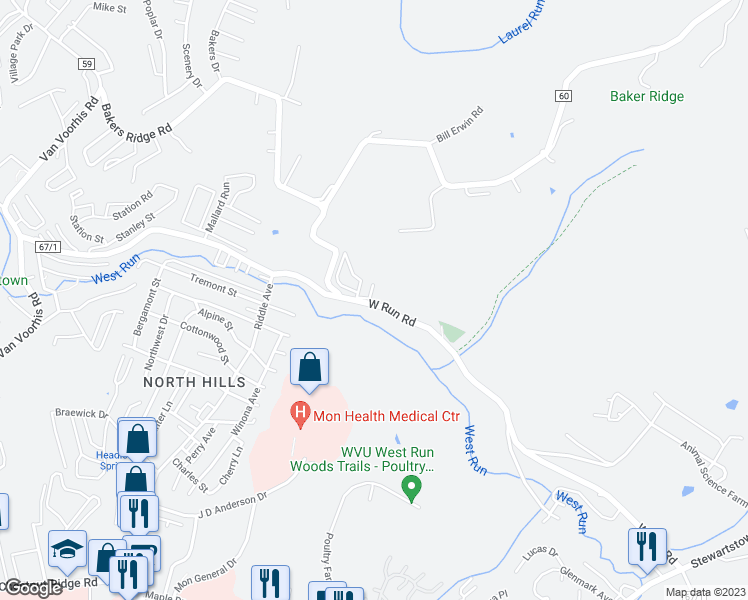 map of restaurants, bars, coffee shops, grocery stores, and more near 101 Cadet Court in Morgantown