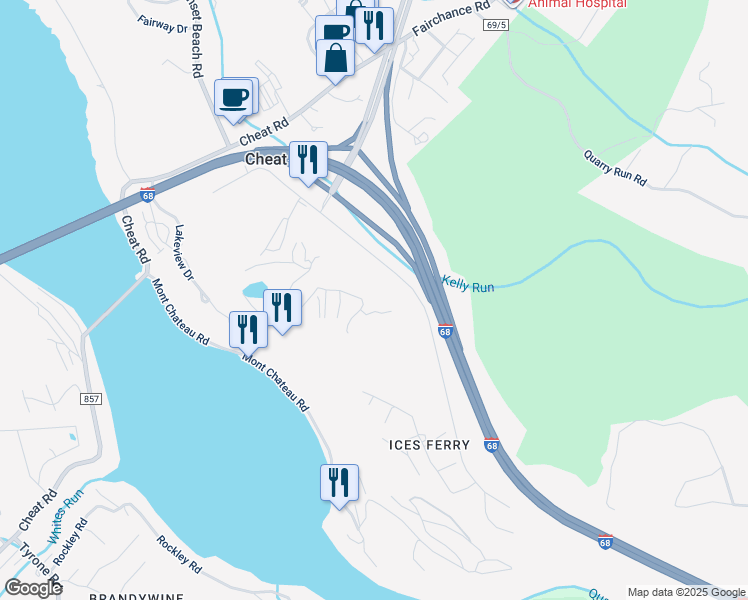 map of restaurants, bars, coffee shops, grocery stores, and more near 905 Hawks Nest Drive in Morgantown