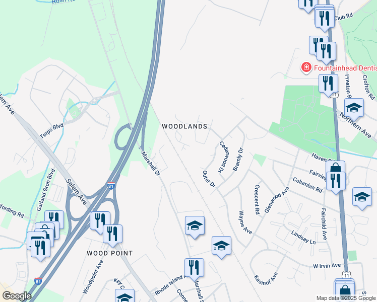 map of restaurants, bars, coffee shops, grocery stores, and more near 1672 Woodlands Run in Hagerstown