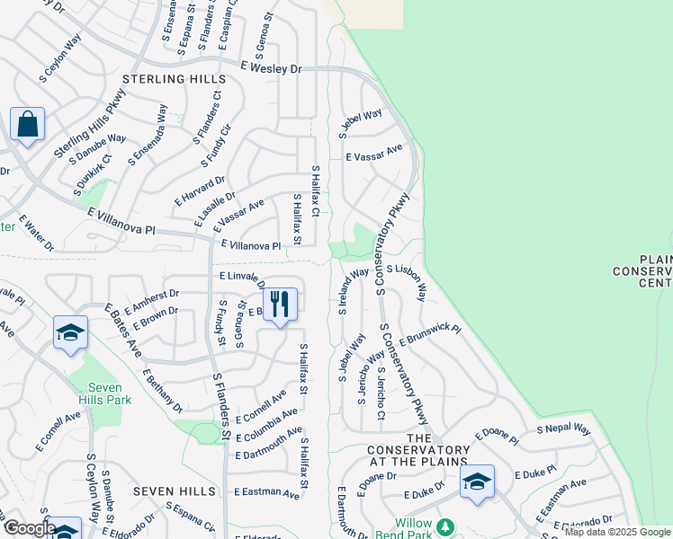 map of restaurants, bars, coffee shops, grocery stores, and more near 2743 South Ireland Way in Aurora