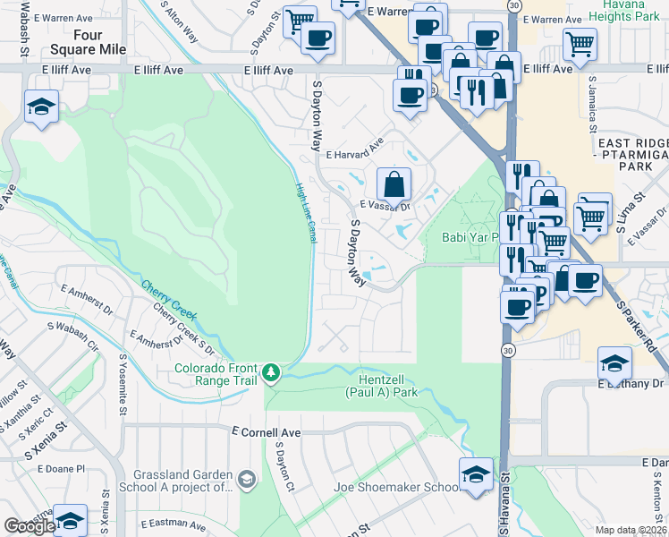 map of restaurants, bars, coffee shops, grocery stores, and more near 2685 Beaumont Way in Denver