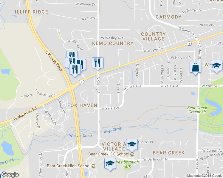 map of restaurants, bars, coffee shops, grocery stores, and more near 2620 South Johnson Court in Lakewood