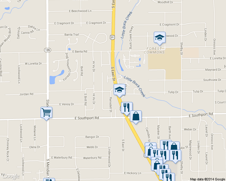 map of restaurants, bars, coffee shops, grocery stores, and more near 430 Tulip Dr in Indianapolis