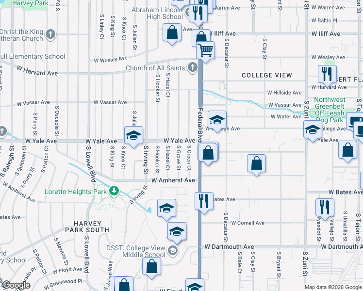 map of restaurants, bars, coffee shops, grocery stores, and more near 2701 South Grove Street in Denver