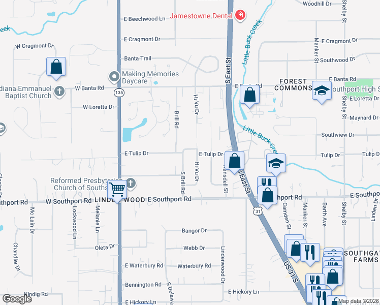 map of restaurants, bars, coffee shops, grocery stores, and more near 305 East Tulip Drive in Indianapolis