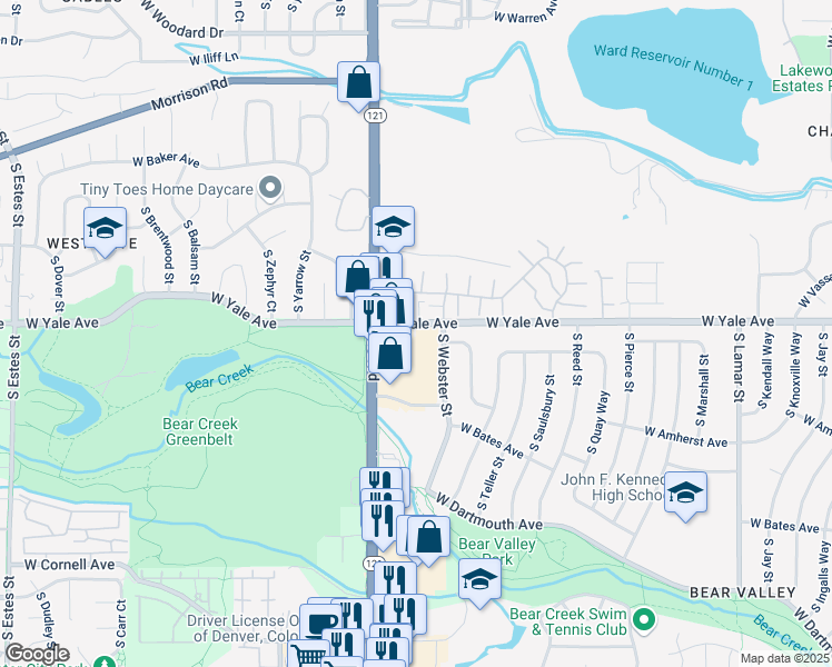 map of restaurants, bars, coffee shops, grocery stores, and more near 7550 West Yale Avenue in Denver