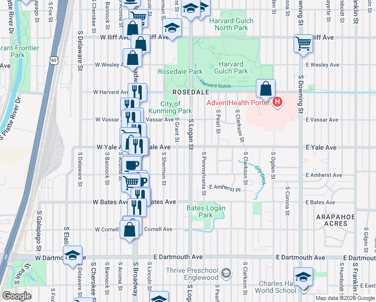 map of restaurants, bars, coffee shops, grocery stores, and more near 2709 South Logan Street in Englewood
