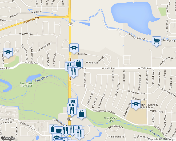 map of restaurants, bars, coffee shops, grocery stores, and more near 2716 South Vance Way in Lakewood