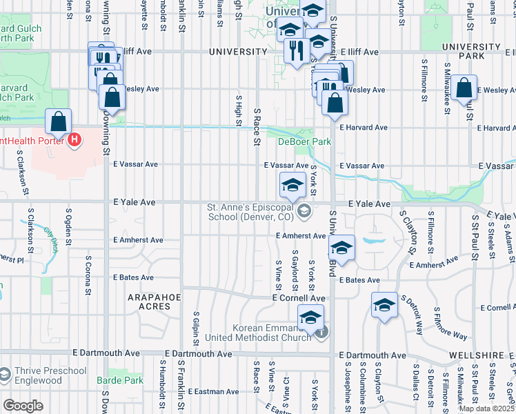 map of restaurants, bars, coffee shops, grocery stores, and more near 2702 South Race Street in Denver