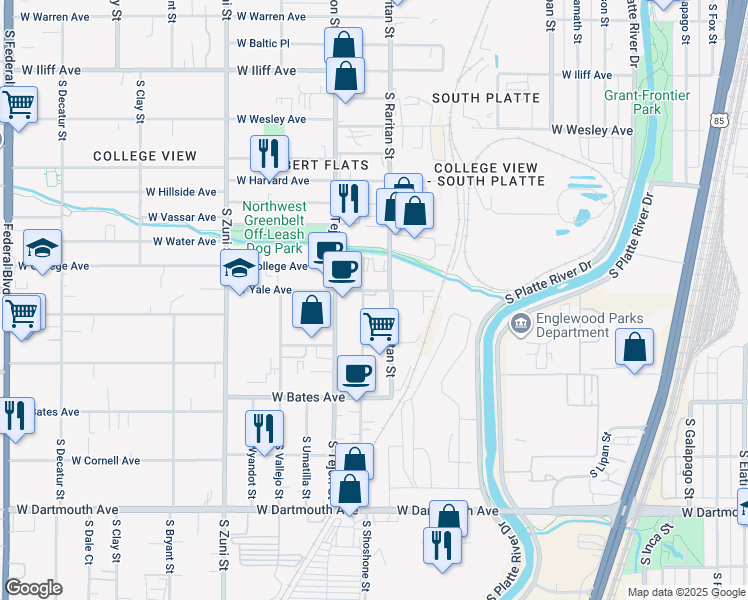 map of restaurants, bars, coffee shops, grocery stores, and more near 2705 S Raritan St in Englewood