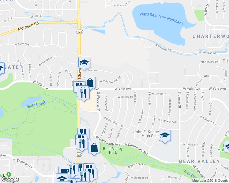 map of restaurants, bars, coffee shops, grocery stores, and more near 7240 West Yale Avenue in Denver