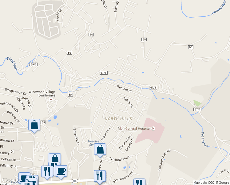 map of restaurants, bars, coffee shops, grocery stores, and more near 792 Alpine Street in Morgantown