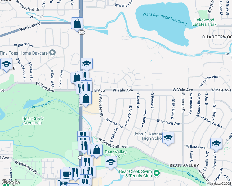 map of restaurants, bars, coffee shops, grocery stores, and more near 7240 West Yale Avenue in Denver