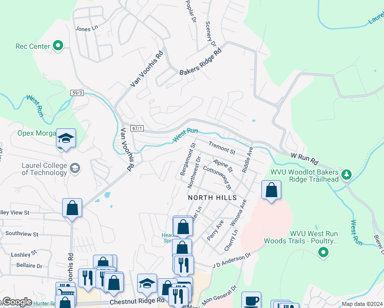 map of restaurants, bars, coffee shops, grocery stores, and more near 1462 Bergamont Street in Morgantown