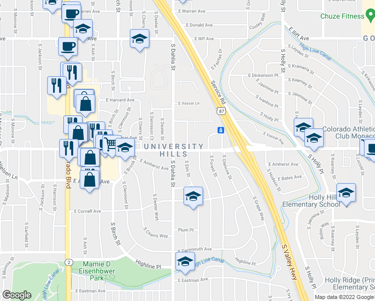map of restaurants, bars, coffee shops, grocery stores, and more near E Yale Ave & S Elm St in Denver