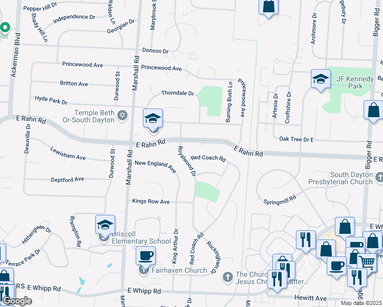 map of restaurants, bars, coffee shops, grocery stores, and more near 5309 Red Coach Road in Dayton