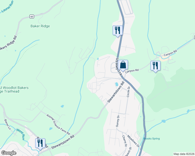 map of restaurants, bars, coffee shops, grocery stores, and more near 3017 Evergreen Lane in Morgantown