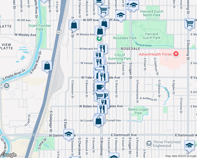 map of restaurants, bars, coffee shops, grocery stores, and more near 2705 South Broadway in Englewood