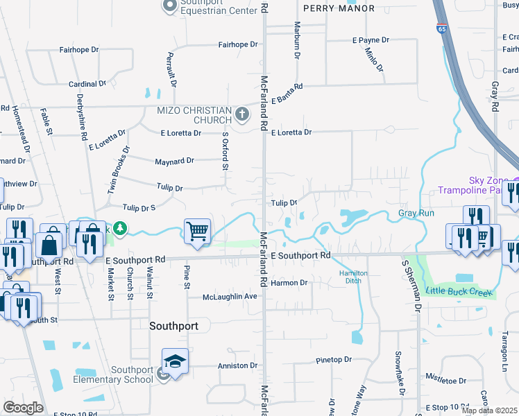 map of restaurants, bars, coffee shops, grocery stores, and more near 6760 McFarland Road in Indianapolis