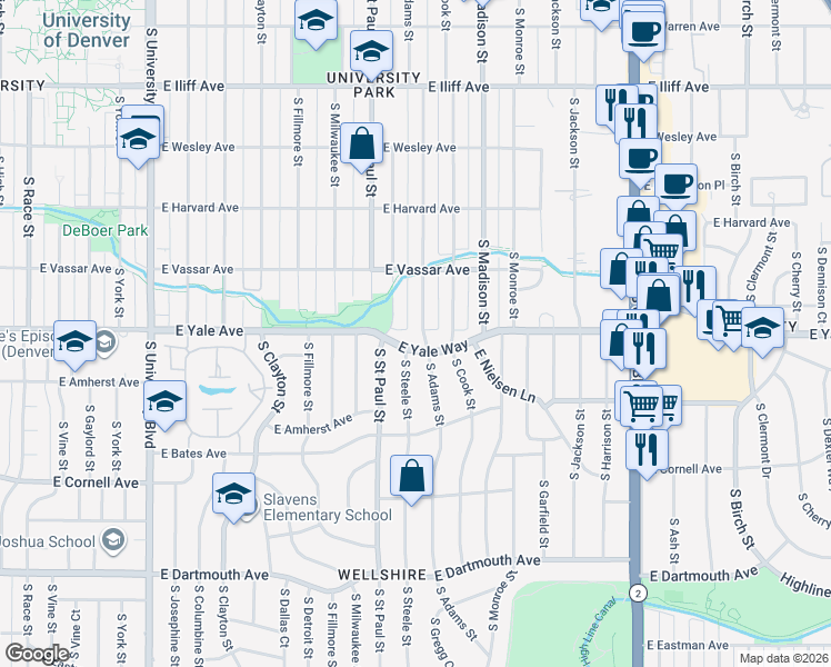 map of restaurants, bars, coffee shops, grocery stores, and more near 2701 South Adams Street in Denver