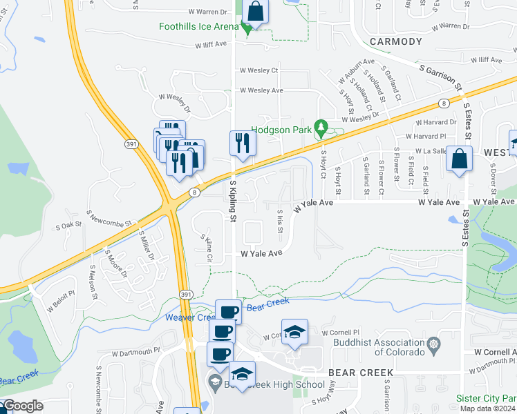 map of restaurants, bars, coffee shops, grocery stores, and more near 2620 South Johnson Court in Lakewood
