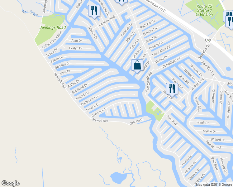 map of restaurants, bars, coffee shops, grocery stores, and more near 173 Peter Road in Stafford Township