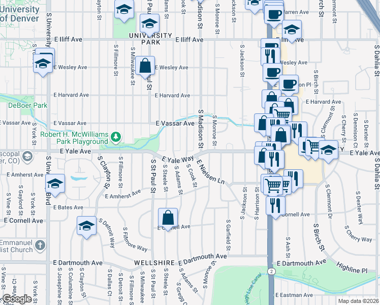 map of restaurants, bars, coffee shops, grocery stores, and more near 2700 South Cook Street in Denver