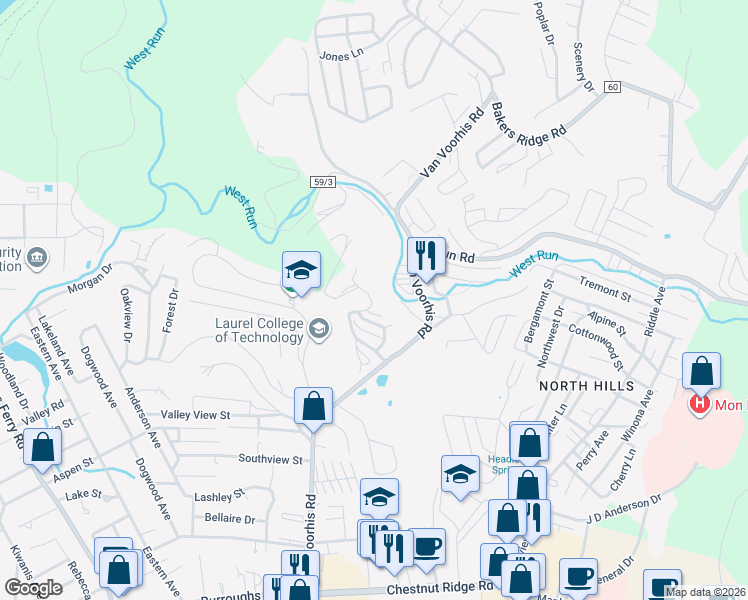 map of restaurants, bars, coffee shops, grocery stores, and more near 404 Windwood Place in Morgantown