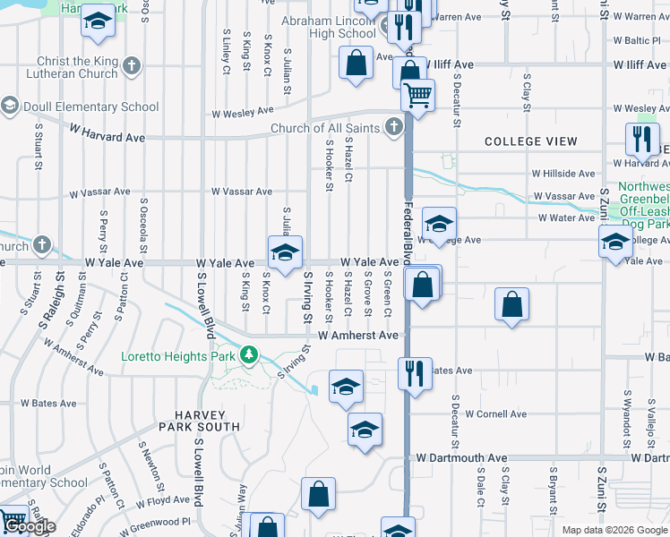 map of restaurants, bars, coffee shops, grocery stores, and more near 2702 South Hooker Street in Denver