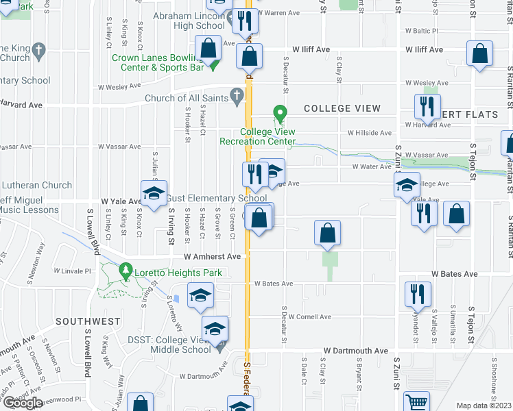 map of restaurants, bars, coffee shops, grocery stores, and more near 2692 South Federal Boulevard in Denver