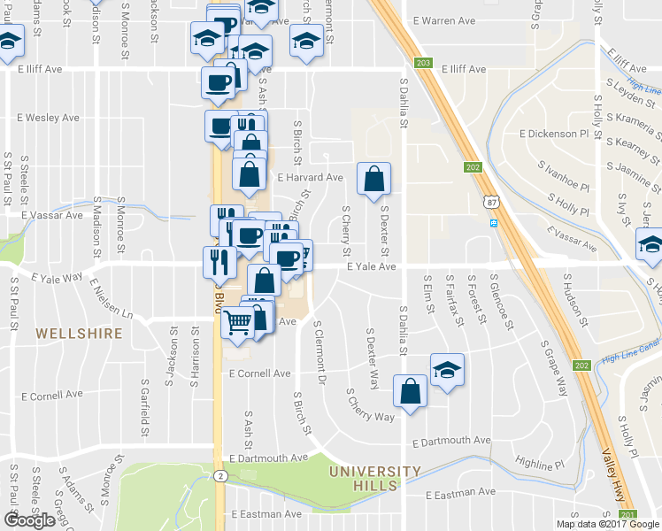 map of restaurants, bars, coffee shops, grocery stores, and more near 4567 East Yale Avenue in Denver