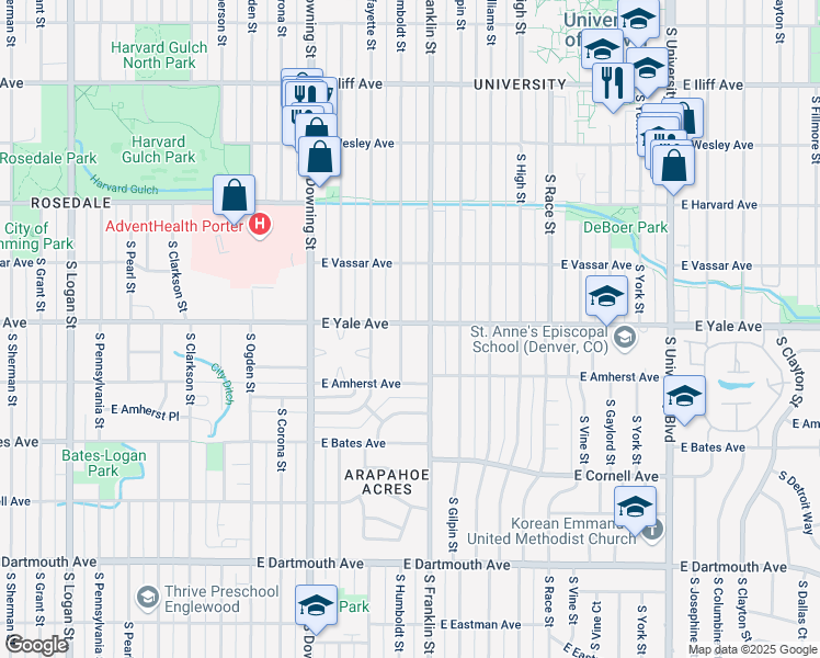 map of restaurants, bars, coffee shops, grocery stores, and more near 2710 South Humboldt Street in Denver