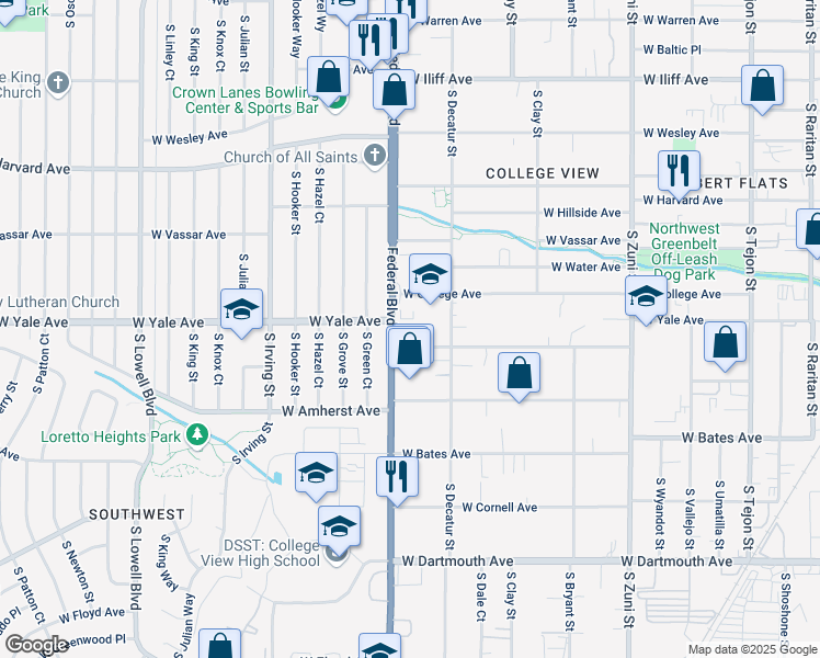 map of restaurants, bars, coffee shops, grocery stores, and more near 2692-2696 South Federal Boulevard in Denver