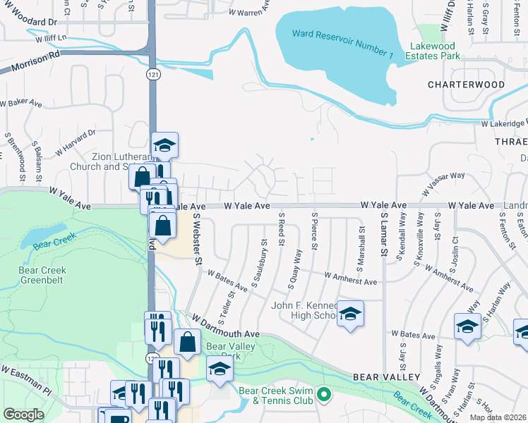 map of restaurants, bars, coffee shops, grocery stores, and more near 7140 West Yale Avenue in Denver