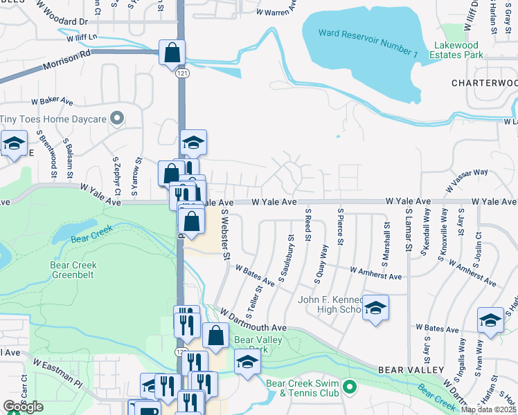 map of restaurants, bars, coffee shops, grocery stores, and more near 7240 West Yale Avenue in Denver
