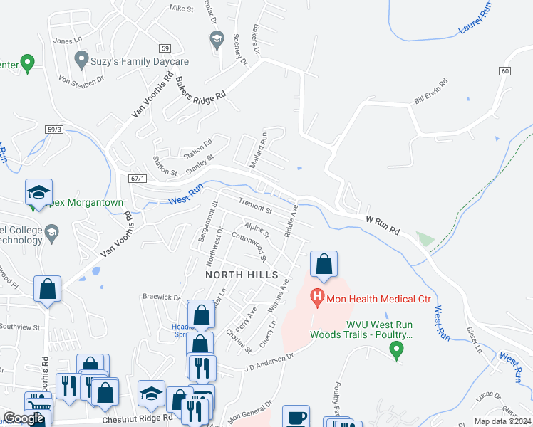 map of restaurants, bars, coffee shops, grocery stores, and more near 872 Tremont Street in Morgantown