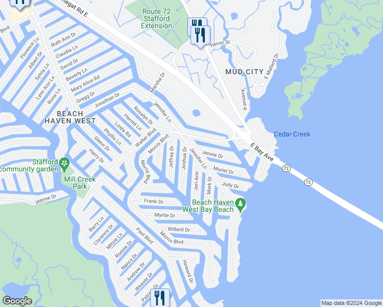 map of restaurants, bars, coffee shops, grocery stores, and more near 1053 Jennifer Lane in Stafford Township