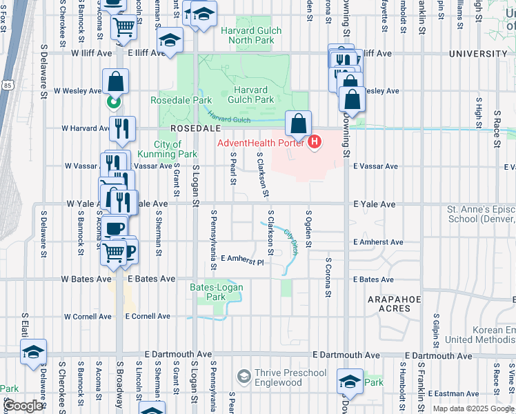 map of restaurants, bars, coffee shops, grocery stores, and more near 2710 South Washington Street in Englewood