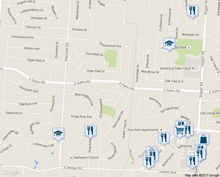 map of restaurants, bars, coffee shops, grocery stores, and more near 5341 Red Coach Road in Dayton