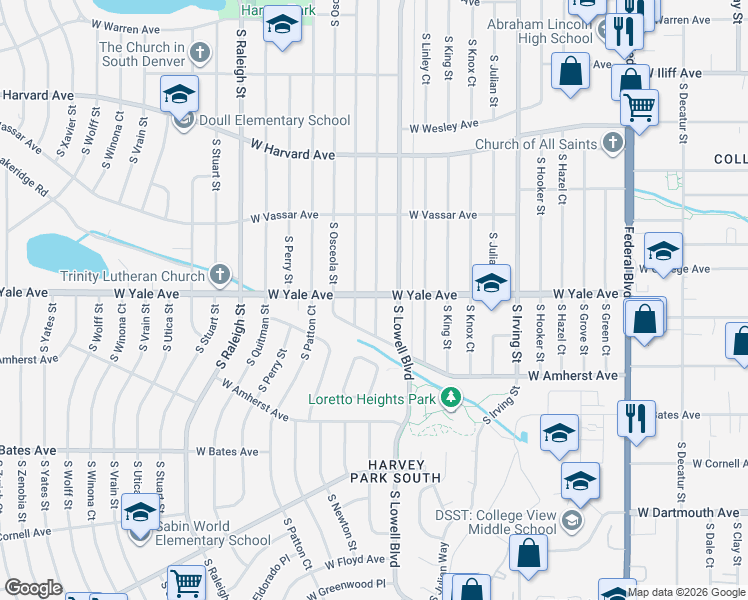 map of restaurants, bars, coffee shops, grocery stores, and more near 2709 South Meade Street in Denver
