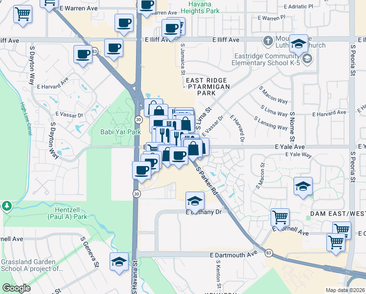 map of restaurants, bars, coffee shops, grocery stores, and more near South Parker Road & East Yale Avenue in Aurora