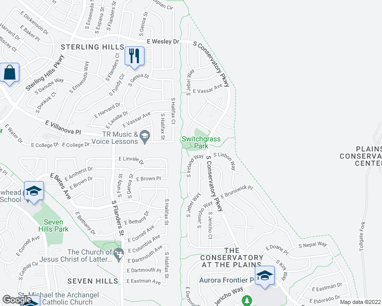 map of restaurants, bars, coffee shops, grocery stores, and more near 2743 South Ireland Way in Aurora