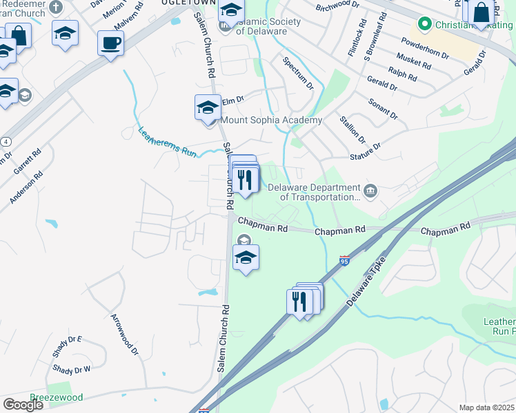 map of restaurants, bars, coffee shops, grocery stores, and more near 19 Sandalwood Drive in Newark