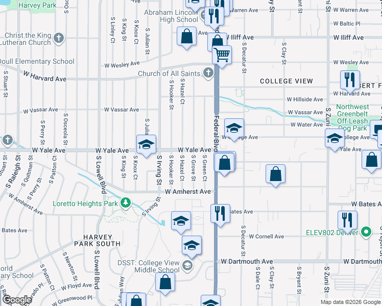 map of restaurants, bars, coffee shops, grocery stores, and more near 2701 South Grove Street in Denver