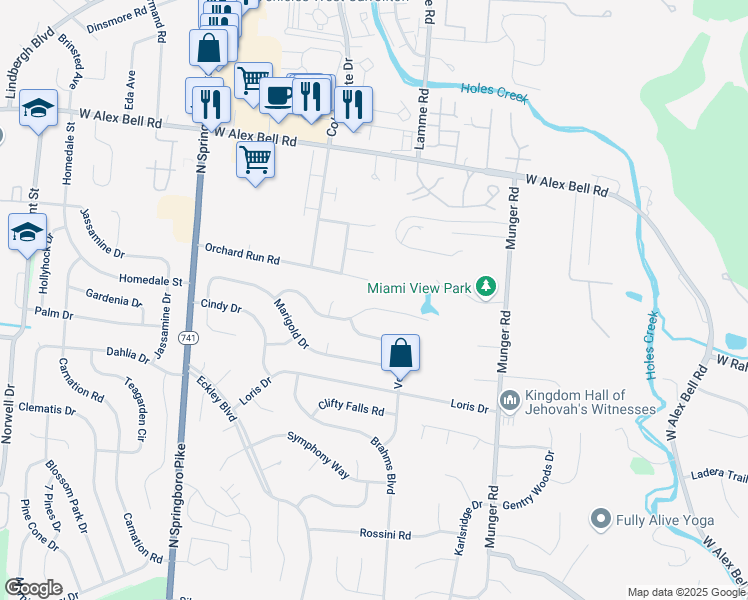 map of restaurants, bars, coffee shops, grocery stores, and more near 2571 Flowerstone Drive in Dayton