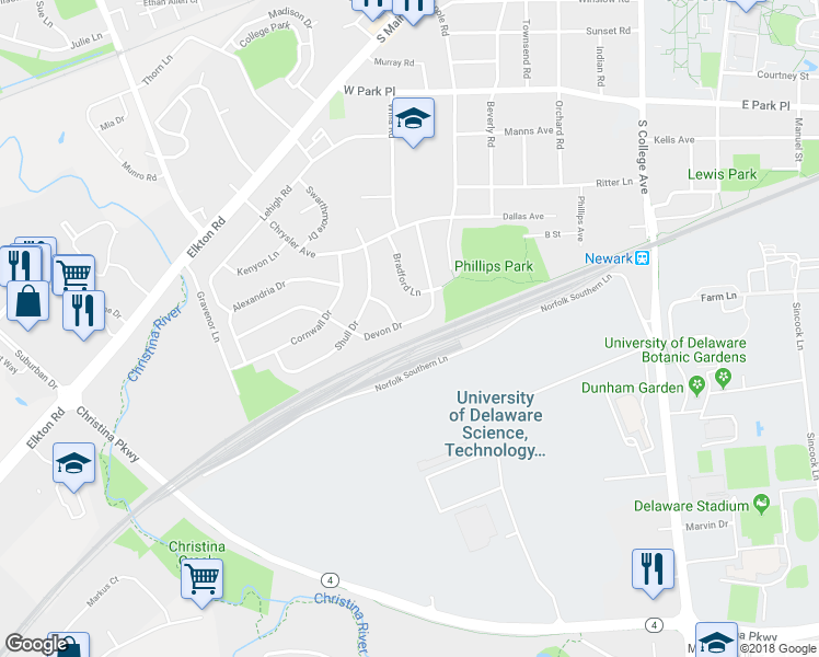 map of restaurants, bars, coffee shops, grocery stores, and more near 913 Devon Drive in Newark