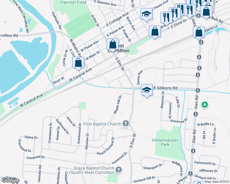 map of restaurants, bars, coffee shops, grocery stores, and more near 35 Maplehill Circle in West Carrollton