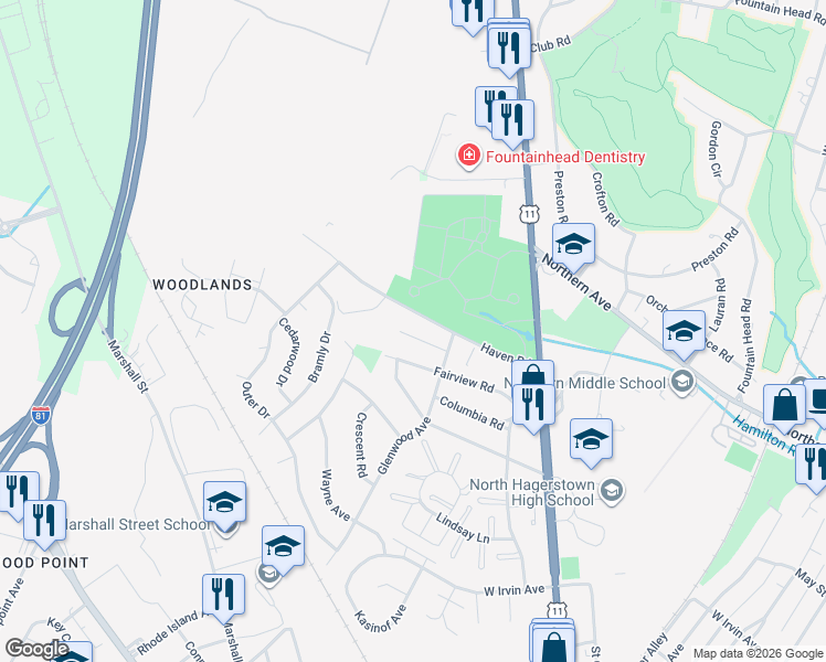map of restaurants, bars, coffee shops, grocery stores, and more near 1130 Green Lane in Hagerstown